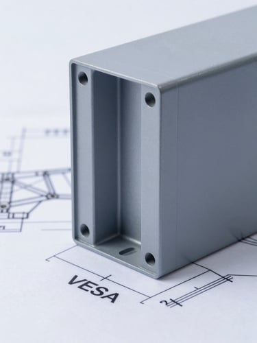 Technical CAD drawing of an industrial panel PC showing side profile mounting brackets and VESA mount holes, clean blueprint style with measurements.