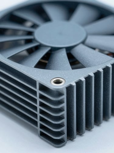 Macro shot of a fanless industrial PC aluminum cooling fins, metallic gray texture, clean studio lighting with subtle blue undertones