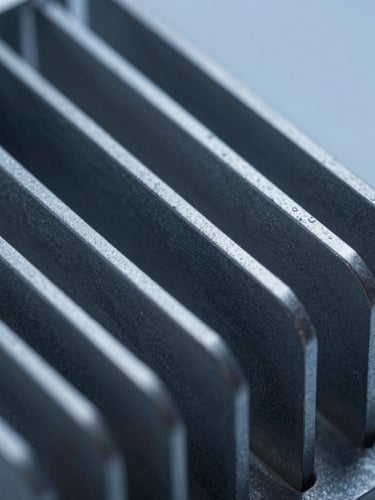 Macro shot of rugged aluminum chassis cooling fins, cool studio lighting with subtle blue undertones, crisp industrial product photography