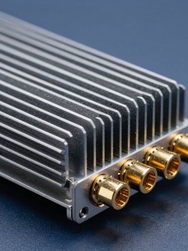 Macro shot of industrial PC aluminum chassis cooling fins and rugged gold plated connection ports, cool studio lighting