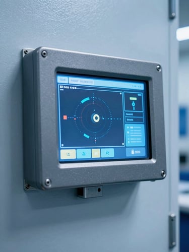 A rugged metal industrial touch monitor mounted on a cleanroom wall, displaying a high-contrast automation interface, cool blue studio lighting, sharp metallic details