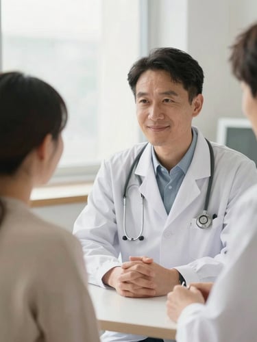 A professional doctor in a natural consultation with a patient, soft warm window light, clean clinical environment, reassuring and calm atmosphere, shallow depth of field