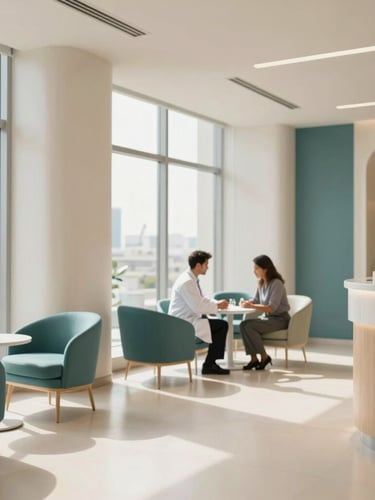 A bright and spacious modern medical clinic lobby in Bahrain, warm natural light streaming through large windows, minimalist design with soft sand and deep teal accents, professional doctor in a white coat consulting a patient in the background with shallow depth of field.