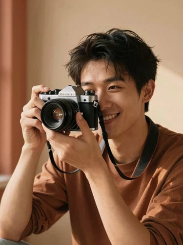 Intimate portrait of a friendly photographer holding a vintage camera, soft natural window light, warm terracotta and sand background tones, relaxed and genuine expression