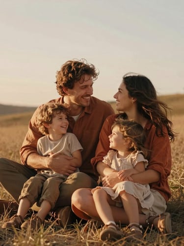 Cinematic editorial 35mm photography of a young family laughing and embracing on a grassy hill during golden hour, warm natural light, soft sand tones, shallow depth of field, candid interaction