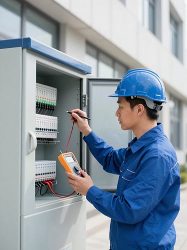 A certified electrical engineer in a clean uniform carefully testing a commercial power distribution panel with a digital multimeter, bright daytime architectural lighting.