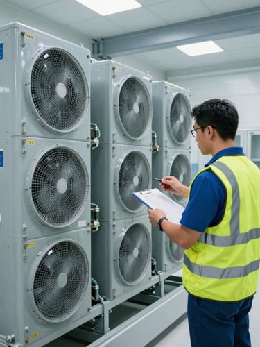 Technician in high-visibility vest inspecting a complex commercial HVAC chiller unit in a brightly lit, modern Dubai mechanical plant room, crisp technical focus.