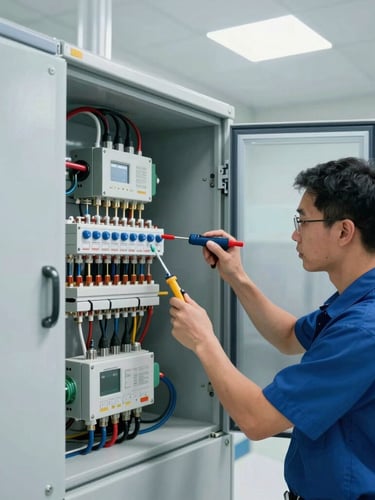 Precision electrical engineering work inside a clean, modern Dubai MEP plant room, technician inspecting a high-voltage panel with specialized tools, crisp daylight