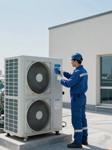 Technician in clean uniform inspecting a commercial HVAC chiller system on a bright Dubai rooftop, crisp architectural lighting, cool blue tones