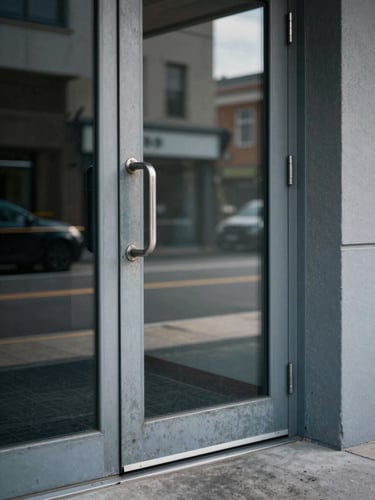 Close architectural detail of a commercial property entrance — weathered steel door frame, concrete threshold, window reflection showing adjacent street, direct window light, no people, cool daylight temperature