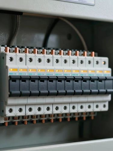 Close-up of a perfectly organized residential electrical panel, neat rows of copper terminals and black breakers, amber indicator lights glowing softly, clean architectural framing, high-end technical design.