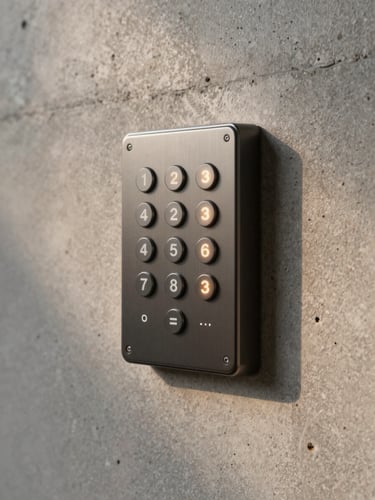 Medium-close shot of an elegant dark metallic keypad mounted on a textured concrete wall, soft warm architectural lighting highlighting the precise amber indicator lights, clean minimalist styling.