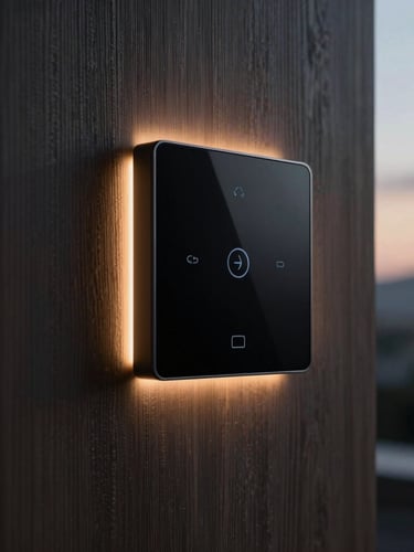 A close-up of a sleek, minimalist smart home touch panel glowing with warm amber light, mounted on a dark textured wood wall, soft twilight background
