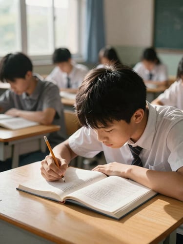 Wide classroom window light falling on a student leaning over an open book at a wooden desk, pencil in hand, other students softly blurred in background, warm natural daylight, documentary framing