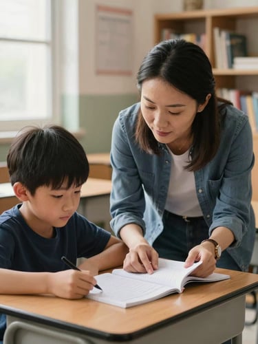 Close documentary shot of a teacher crouching beside a student's desk, both looking at the same notebook page, warm window light from the left, candid and unposed, classroom shelves visible in soft background