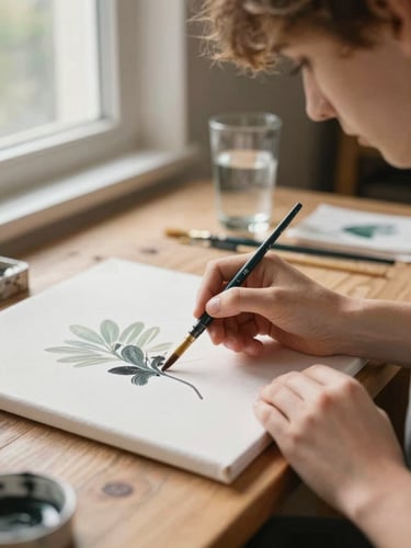 Close-up of a student's hands painting on canvas at a low art table, bright natural window light from the left, brushes and a glass of water in soft focus behind, warm afternoon tone, candid and unposed