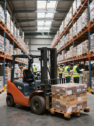 Wide interior of an organized industrial warehouse, forklift moving a loaded pallet in the foreground, rows of labeled racking systems receding into the background, natural daylight entering through high clerestory windows, workers in high-visibility vests checking inventory manifests