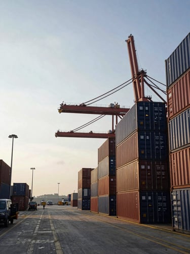Wide panoramic view from the right side — a busy container port at dawn, stacked shipping containers in deep navy and rust tones filling the right third, a large gantry crane in operation above, natural early morning light casting long shadows across the dock, expansive overcast sky on the left providing generous negative space