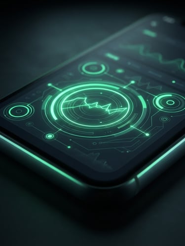 High-fidelity mockup of a clean Android utility app UI on a modern, dark smartphone, with subtle green neon rim lighting, extreme close-up, macro lens, dark slate tones.