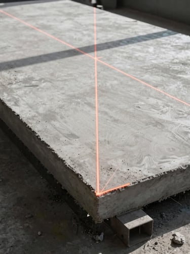 Low-angle heroic shot of a freshly finished commercial concrete slab, laser levels casting sharp orange lines across the surface, high-contrast morning light, 35mm lens