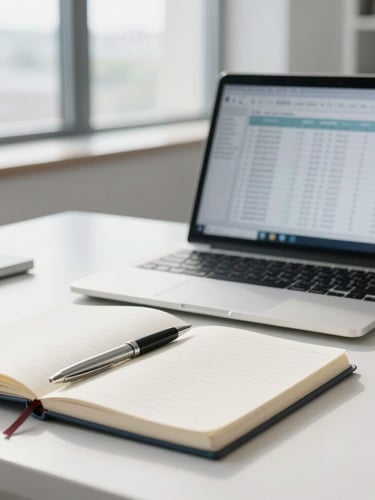A clean, bright modern attorney office workspace with a notebook, pen, and laptop displaying structured spreadsheets, cool daylight, highly professional and organized, portrait aspect.