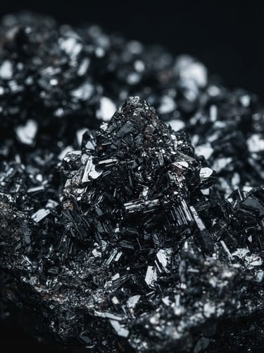 Extreme macro close-up of raw specular hematite mineral formations, metallic silver reflections, sharp geometric crystal facets, dark moody studio lighting