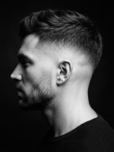 High-contrast black and white photography of a sharp hair fade, dramatic side-lit studio lighting, luxury minimalist mood, sharp focus, 35mm film