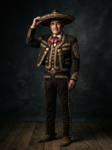 Elegant full-length portrait of a traditional charro suit on a dark textured backdrop, dramatic side-lit studio lighting, gold embroidery details gleaming, 85mm portrait lens