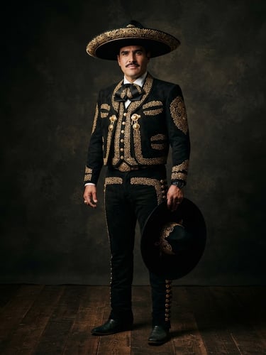 Elegant full-length portrait of a traditional black charro suit with gold embroidery on a dark textured studio backdrop, dramatic side-lit lighting, 85mm lens