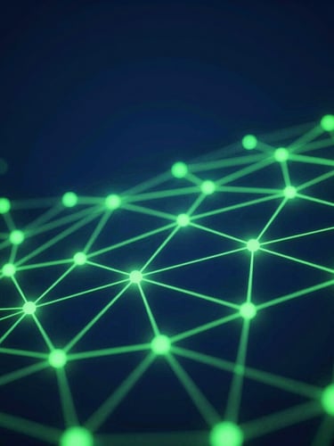 Abstract visualization of glowing neon green network connections and data flows on a deep dark blue background, premium corporate aesthetic, 35mm
