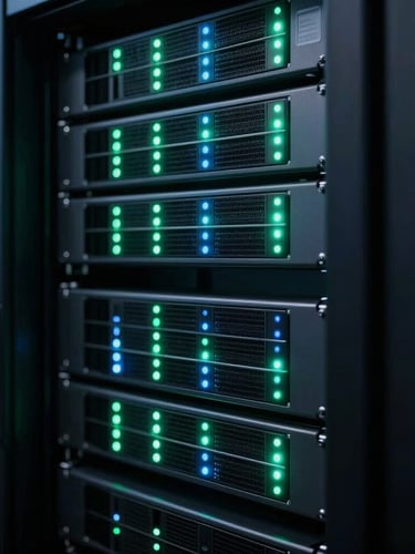 Close-up of modern secure server rack, subtle green and blue LED indicators glowing in low-key lighting, highly professional, 35mm