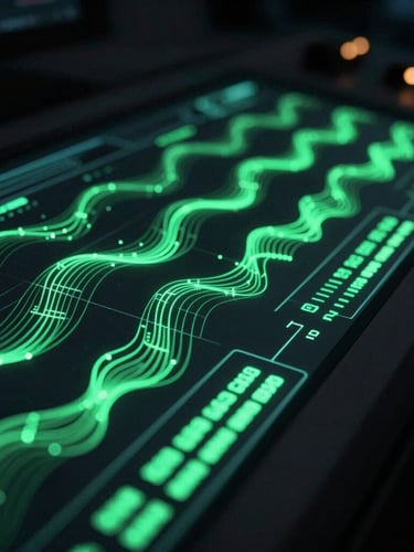 Close-up of a high-tech dark control panel displaying glowing neon green data nodes and clean cybernetic wave patterns, low-key lighting, 35mm
