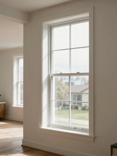 Wide interior view of a residential living room, a tall single-hung vinyl window occupying the right wall, north-facing daylight flooding the space, sharp corner joints and clean white frame visible in foreground, room receding to the left
