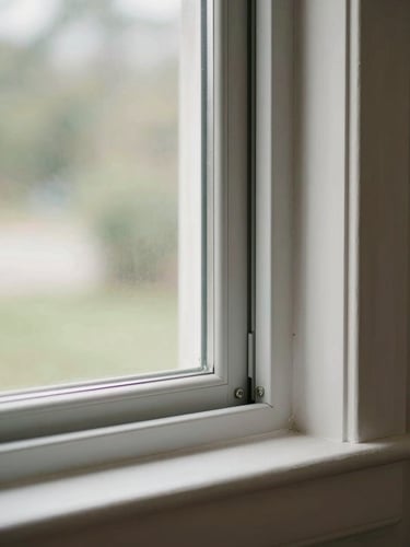 Interior view through an installed vinyl window in a residential room, sharp focus on the frame hardware and weatherstrip seal visible in the foreground, daylight entering from outside, clean drywall reveal around the frame
