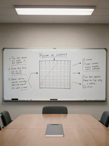 Wide shot of an empty conference room at off-hours, whiteboard covered in marker diagrams and arrows, single overhead fluorescent light, half-erased decision matrix visible, no people
