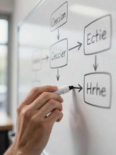 Extreme close-up: a hand holding a dry-erase marker against a whiteboard covered in decision nodes and arrows mid-session, clean daylight from a glass wall to the left, only the hand and board in frame, no faces