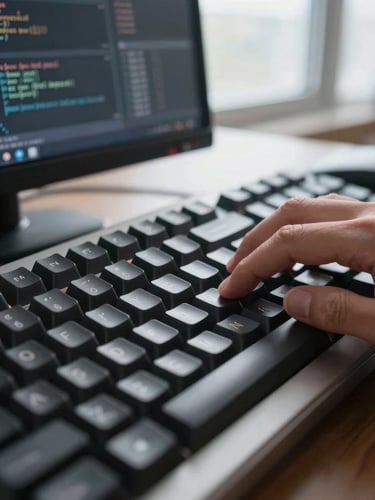 Extreme close-up of fingers on a mechanical keyboard under clean daylight from a side window, code editor visible on the monitor behind, sharp focus on the keys, cold office lighting