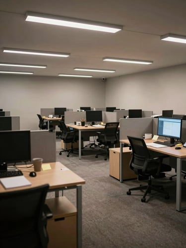 Wide environmental shot: an empty open-plan office at off-hours, overhead fluorescent light casting hard shadows on rows of desks, a single monitor glowing with a dashboard in the far corner, notebooks and sticky notes visible on surfaces, no people present