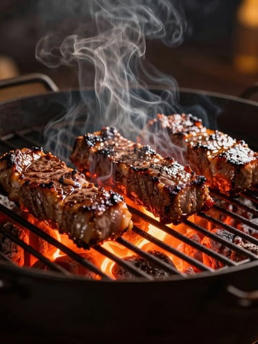 Dramatic low-key culinary photography. A custom-built iron parrilla filled with glowing red embers, delicate smoke rising, prime cuts of meat resting on the grates, warm golden-hour side lighting.