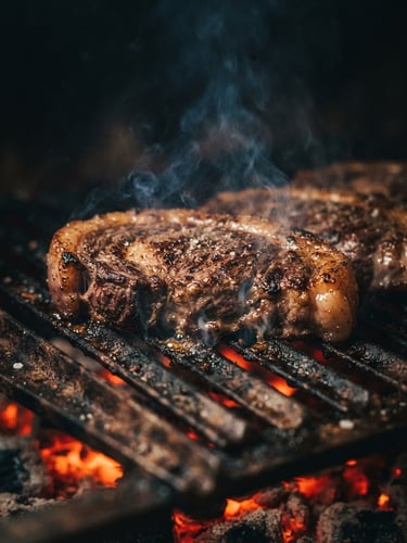 Dramatic low-key close-up of a rustic iron parrilla grill with glowing red embers underneath, thick cuts of premium picanha searing with light smoke, dark atmospheric background, warm embers light, 85mm lens, shallow depth of field.