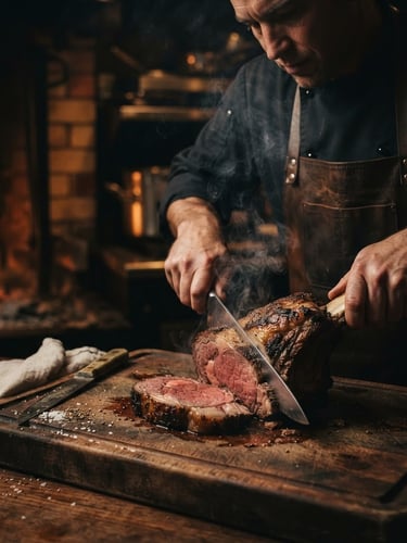 Dramatic low-key food photography, warm glowing embers light, deep shadows, rich dark tones. A master chef slicing a perfectly seared prime rib on a rustic wood board, smoke rising, side lighting.