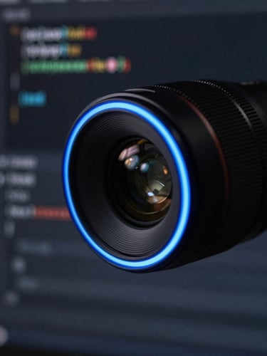 Extreme close-up of a high-resolution code editor on a dark monitor, neon blue rim lighting, sharp contrast, macro lens, 35mm