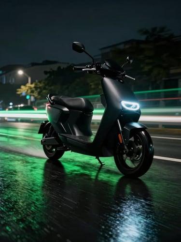 Low-angle tracking shot of a matte black electric motorcycle speeding through wet city streets at night, neon green reflections on wet asphalt, motion blur, dramatic lighting.