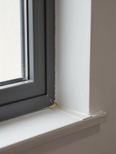 Close-up of a flawless wall-to-window joint, showing clean silicone sealing, anthracite aluminum frame, and pristine plaster finish, bright natural light, professional execution