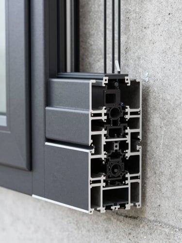 Close-up detail of high-end dark anthracite aluminum window profile installed in clean concrete wall, natural daylight, architectural photography, sharp focus
