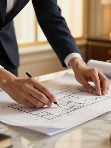 Close-up of an architect's hands reviewing blueprints on a marble desk, warm side lighting, luxurious office setting