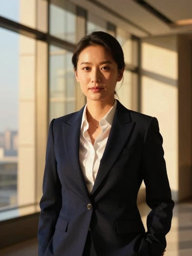 High-contrast editorial portrait of a luxury real estate agent in a modern architectural space with golden-hour window light, rich deep navy and gold tones, shallow depth of field, 35mm