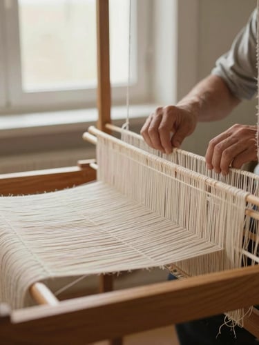 A craftsman's hands operating a large wooden hand-loom, weaving heavy cream-colored yarn under soft, diffused side window light