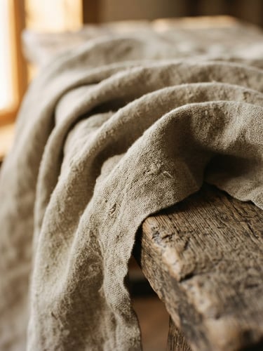 Macro photograph of heavy-weight Belgian linen with visible slub textures, draped naturally over a rustic wooden bench, soft morning window light, warm neutral shadows.