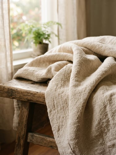 Soft morning window light illuminating a heavy-weight unbleached cotton quilt draped over a rustic wooden bench, showing rich slub texture and natural folds.